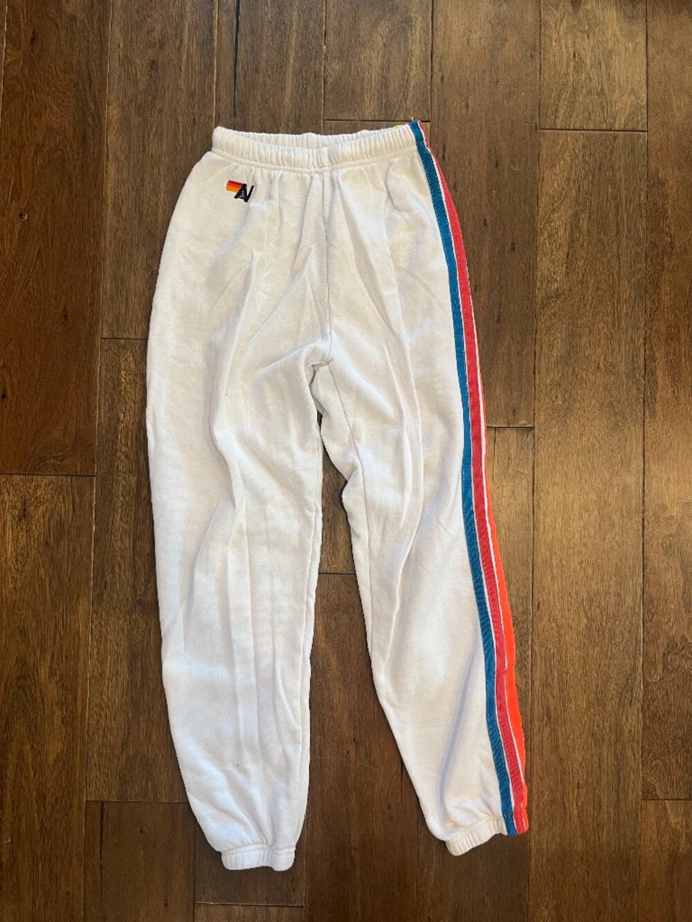 Aviator Nation White Joggers with Red & Blue Side Stripes
